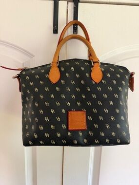 Dooney & Bourke Black White Cream Logo Satchel with Tan Leather Handles